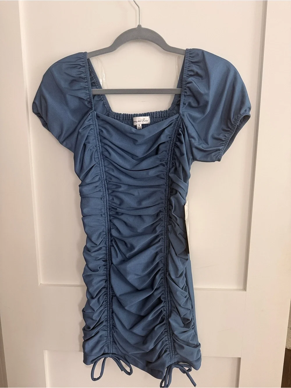 BRAND NEW Ruched Square-Neck Mini Dress in Steel Blue